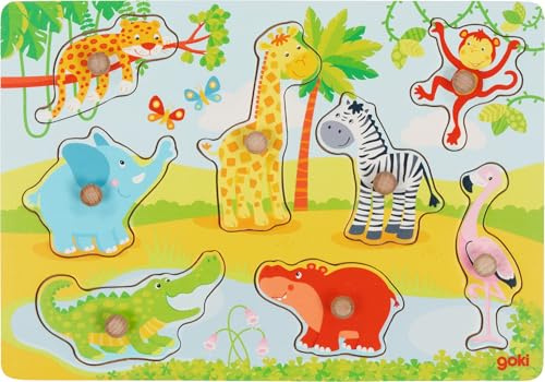goki 57397 - Steckpuzzle Afrikanische Tierkinder aus Holz - 8 Teile
