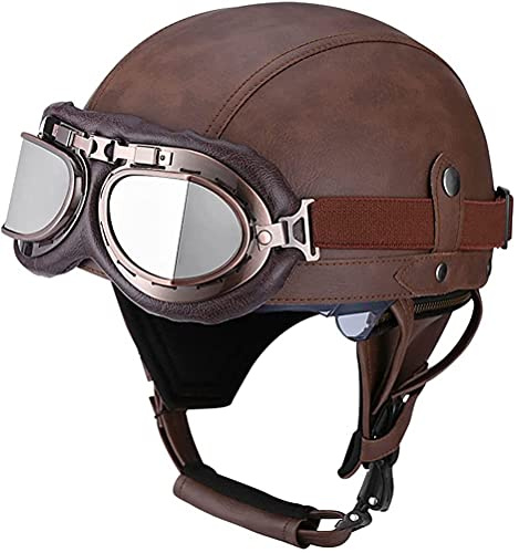 CFZWJ Hjälm i tysk vintagestil med öppet ansikte, halvhjälm i läder, motorcykelhjälm för gatan, med skyddsglasögon, motorcykelpilot, hjälm för moped, scooter, för män, kvinnor, DOT-godkänd (54–61 cm)
