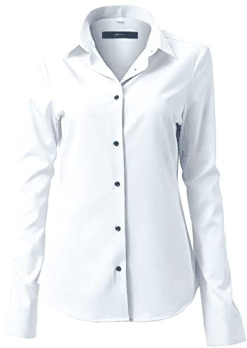 FLY HAWK Chemisier Femme à Manches Longues - Blouse Casual Fermeture à Boutons Slim Fit Élégant en Fibre de Bambou - Chemise Idéale pour Bureau/Travail/Entretien d’embauche, Blanco2, 44