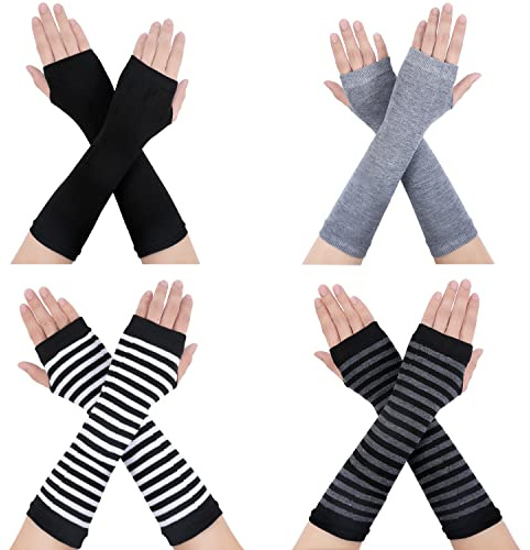 4 Paar Fingerlose Winterhandschuhe, Handschuhe Lang Fingerlos Rave Fingerlose Armstulpen Lang Lange Armwärmer mit Fingerlöchern für Damen Herren Kinder