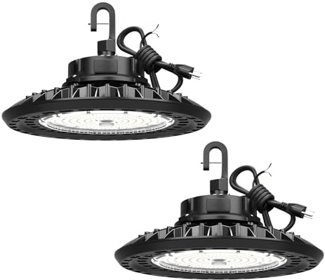 G GJIA LED High Bay Shop Light 100W 15000LM Super Bright High Bay Lights 5000K, 0-10V Dimmable,US Plug 5' Cable, 100-277V for Garage Barn Warehouse(2 Pack)