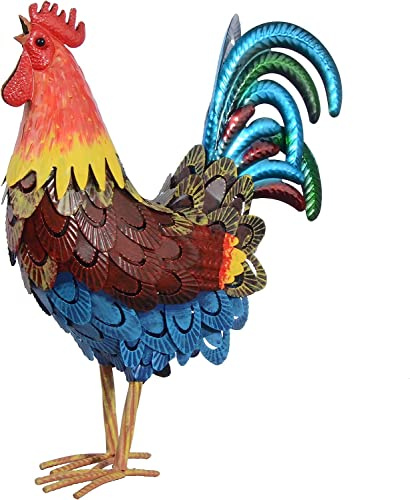 Rooster Statues Garden Decor, Indoor Metal Chicken Sculpture Yard Art for Outdoor Farm Patio Lawn Back Yard Home Decorations (Red)
