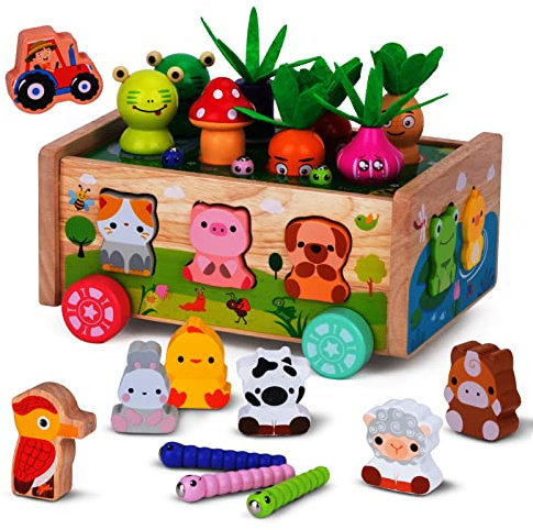 KMTJT Montessori Wooden Toddler Toys for 1 2 3 Years Old Boys Girls, Shape Sorting Toys First Birthday Gifts for 1-2 Years, Wood Animal Farm Car Preschool Educational Fine Motor Skills Toy