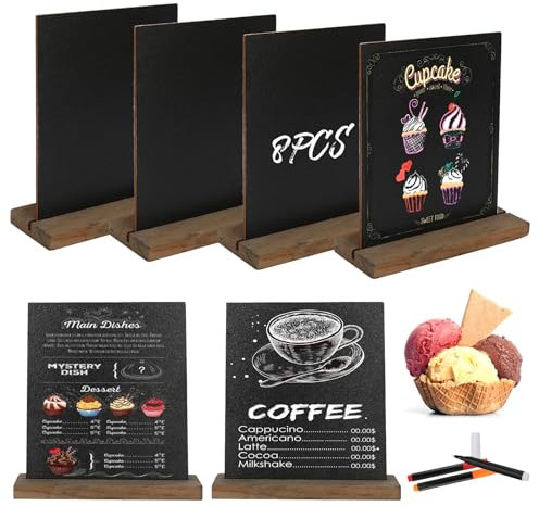 8 Stück Schiefertafel Zum Beschriften Kreidetafel Klein Mit Rustikalen Holzständern Buffet Schilder Preisschilder Aufsteller Getränkekarte für Bar Café Geburtstag Hochzeit,Enthält 3 Stifte (Stil 1)