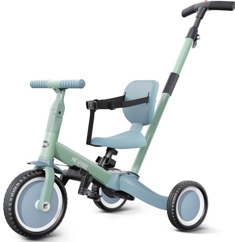 newyoo 5 in 1 Dreirad, Laufrad ab 1 Jahr mit Schubstange für Kinder ab 1, 2, 3 Jahre, Kinder Dreirad mit Abnehmbaren Pedale und Verstellbarer Sitz,Grün