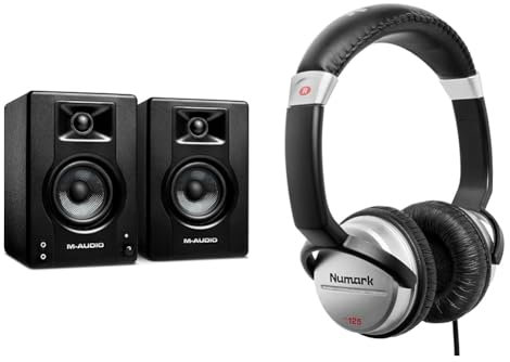 M-Audio BX3 3.5 Studio Monitors, HD PC Speakers for Recording and Multimedia with Music Production Software, 120W, Pair & Numark HF125 - Ultra-Portable Professional DJ Headphones with 6 ft Cable