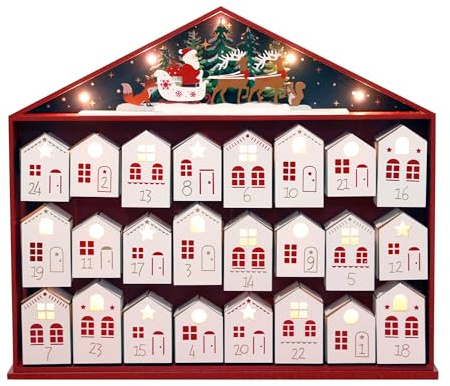 PE Weihnachten Holz Adventskalender Haus Groß mit LEDs und 24 Schubladen - Weihnachtskalender mit Santa und Rentieren - Weihnachtsdeko zum Befüllen 44,2 x 6,6 x 39,2cm