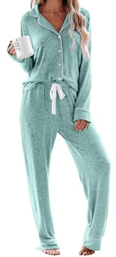 Aamikast Schlafanzug Damen Lang Pyjama Sets mit Knopfleiste Zweiteiliger Nachtwäsche Hausanzug