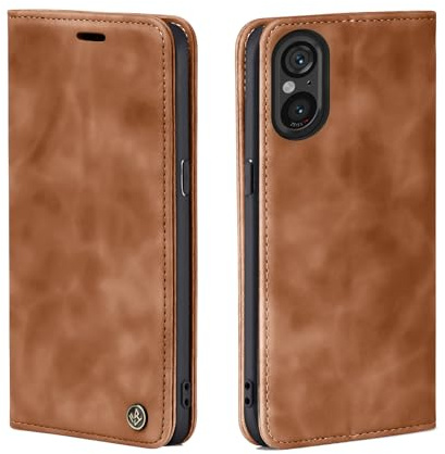 LBH Handyhülle für Sony Xperia 5 V in Hellbraun mit Karten- und Geldfach Smartphone Hülle mit Standfunktion Flip Case Schutzhülle Magnetverschluss Vintage