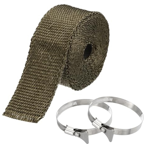 PATIKIL 2inch x 16Ft Fireproof Wrap Pipes,1Pcs Fiberglass Tape with 2 Clamps Weather Resistant Wrap Tape Stove Pipe for Automobile Motorcycle Home Gas Heat Insulation, Caramel