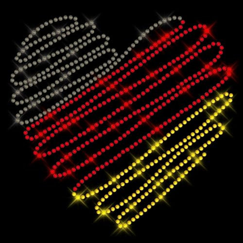 Glitzerdeals Bügelbilder Karneval Strass Deutschland Strass Herz schwarz rot gold Aufbügler für Textilien Fussball Bügelmotiv Soccer Strass Bügelbild Fussball