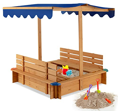 DREAMADE Bac à Sable en Bois pour Enfants avec Auvent, Bac à Sable Carré en Cèdre avec 2 Bancs à Dossier, Tissu Non Tissé, Ensemble de Jeu Extérieur pour Enfants pour Jardin, Maison, Plage
