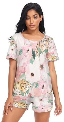 HMZXZ Damen Schlafanzug-Set afrikanisch Tiger Blume Sommer Pyjama Woman Set,Frühling Blumen Loungewear und Shorts Lounge Set Sleepwear Nachtwäsche