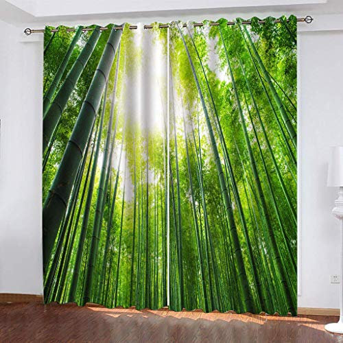 Vorhänge Blickdicht 3D Sonniger Grüner Bambuswald Druck Verdunkelungsvorhang, Thermogardine Mit Ösen Für Wohnzimmer Schlafzimmer Kinderzimmer Fensterdekoration Ösenschal 2Er Set 270X300cm (HxB)