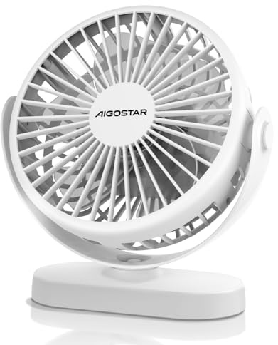 Aigostar Ventilatore silenzioso Ventilatore da tavolo 3 velocità, 5 pale, con luce notturna. Oscillazione multidirezionale, ricaricabile tramite USB, per camera da letto, soggiorno, cucina, ufficio,