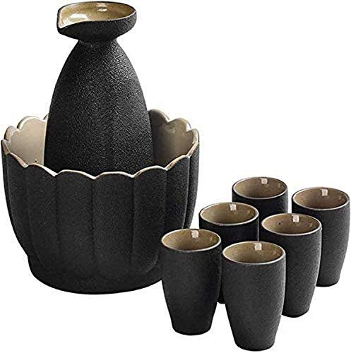 RUHEN Set da sakè in Ceramica, Set da sakè da 9 Pezzi, Set di Bicchieri da Vino smaltati Neri con pentola scaldavivande e fornello a Candela per Il Servizio di sakè Caldo/Freddo