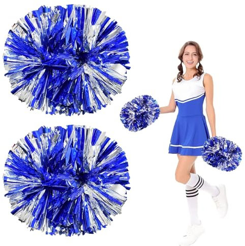 2er-Pack Pompons Cheerleading, Cheerleading Poms mit Griffen, Mittelgroßes Squad Cheer Accessories für Sportspiele, Tanz, Cheer, Erwachsene, Kinder, Sportspiele, Teamgeist (Blau + Silber)