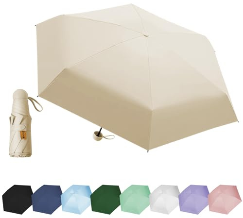 EEPLUYTY Ombrelli Portatile Con 6 Nervature, 6 Stecche Portatile Mini Ombrello Da Tasca, Ombrello Pieghevole Manuale Compatto Comodo e Portatile, Anti-Tempesta Ombrello Piccolo -Caldo Bianco Sabbia