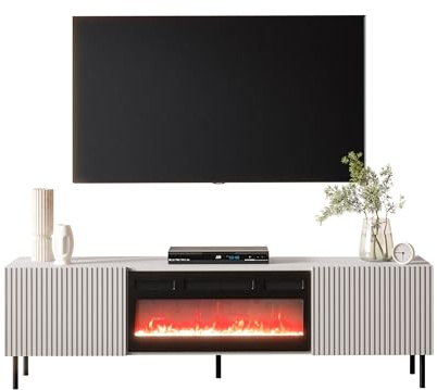 Mirjan24 Fernsehschrank Arypot 2D mit Elektrokamin (Cashmere) | Griffloser TV-Schrank mit gefräster MDF-Front, LED-Flammeneffekt, Heizfunktion, Thermostat und Fernbedienung