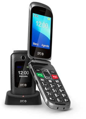 SPC Magnus Klapphandy für ältere Menschen mit großen Tasten, Remote-Konfiguration, kompatibel mit Kopfhörern, hohe Lautstärke, Doppeldisplay, SOS-Taste, Ladestation, ohne Ladegerät, Schwarz