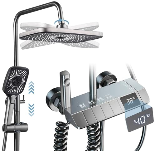 Thermostatic Mixer Shower System, 4 Function Piano Key Dual Shower Head Set, 3 Mode Brass Hand Waterfall Shower with LED Digital Temperature Display, Wall Mount Adjustable Handheld Faucet