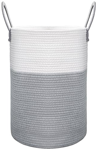 Tking Woven Storage Basket 38cm x 52cm Cotton Rope Basket 60L Extra Large Blanket Basket Laundry Baskets for Clothes Bedding Toy Baby Storage Organiser Living Room Nursery Laundry Hamper (Grey White)