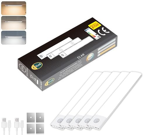 CLAR - Luz LED para debajo del armario con sensor de movimiento, inalámbrica y recargable, luz magnética para cocina y armario, 20 cm (Pack 5)