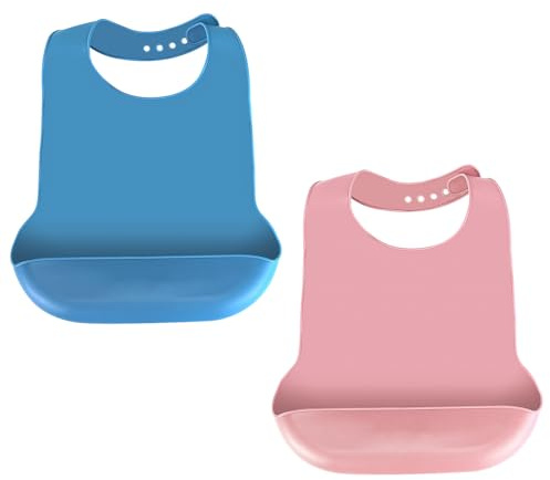 RESTALLADNWEST Washable Adult Bibs for Elderly, Silicone Bibs for Adult with Crumb Catcher, Adjustable Adult Bib for Men Women Eating Waterproof Wipeable Easy Clean (2, Pink & Blue)