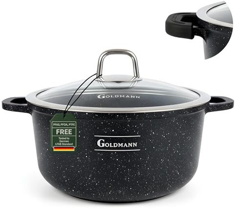 GOLDMANN Kochtopf aus Aluminiumguss, 28 cm - 6.5 L, antihaftbeschichtete Keramik-Marmor-Optik, Glasdeckel, induktions- und für alle Herdarten geeignet, ofenfest und PFOA-frei