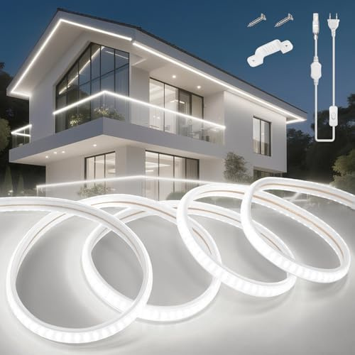KSIBNW LED Streifen Aussenbereich 2M, 230V Neon LED Strip Wasserdicht IP65 Schlauch Weiß 6000K Led Leiste Band Flexibel Outdoor 145LEDs/M Lichtleiste mit Netzteil und Stecker für Außen Innen Deko