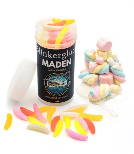 Blinkerglück Maden 2cm - 50 Gummiköder mit Aroma für Friedfisch & Forelle | Kunstmade für Rotauge, Rotfeder, Schleie | Softbait zum Stippen & Posenangeln