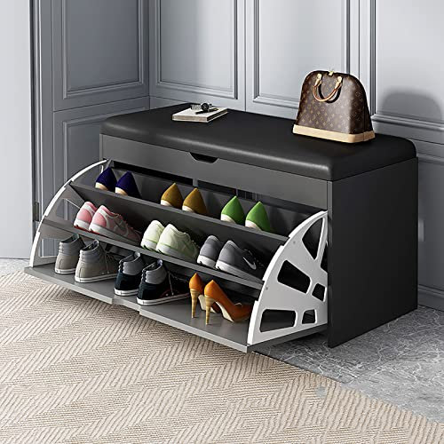 Banc de Rangement pour Chaussures avec Siège Rembourré en PU Armoire à Chaussures avec Tiroir Étagère en Bois