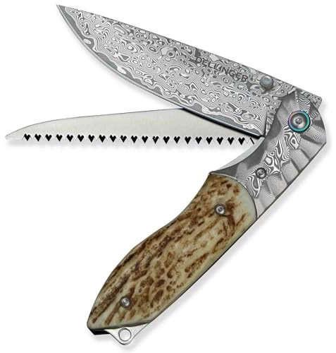 DELLINGER Klappmesser mit Säge Wilderer Damaststahl - gelbbraune Geweihgriff