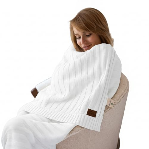 Dalisa Denise GOTS-Zertifizierte Bio-Baumwolle Strickdecke – Weich & Gemütlich, Vorgewaschen – Perfekt für Couch, Bett & Deko – Waschmaschinengeeignet (Weiss, 127x152 cm)