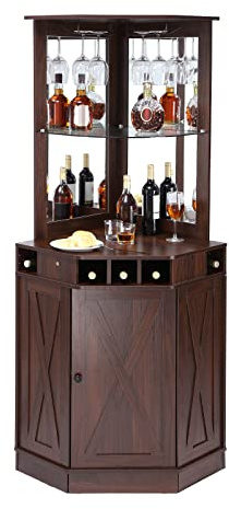 Industrieller Barschrank mit Glashalter und Weintisch, freistehendes Sideboard, Buffet für Likör und Gläser, Bauernhaus, Holz, Kaffeebar, Schrank für Wohnzimmer, Hausbar, schwarzes Walnussholz-Finish