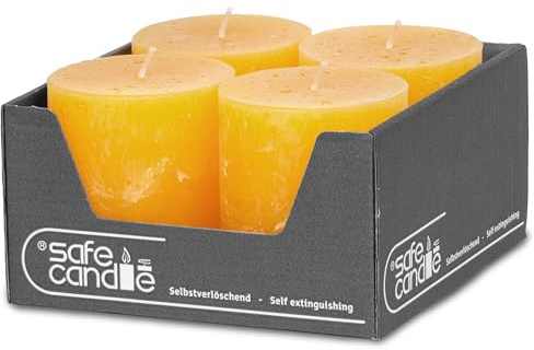 DecoLite Stumpenkerzen Rustic 4er Set 80x70 mm | Selbstverlöschend Safe Candle | Durchgefärbt RAL-zertifiziert | Brenndauer ca. 25h | Made in Germany | Rustik Deko Kerzen von DecoLite (gelb)