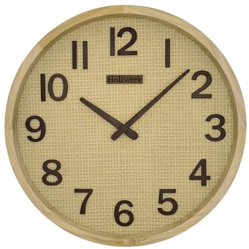 Holzwerk - Orologio da parete radiocomandato in legno naturale, stile boho, stile boho, senza ticchettio, in legno massiccio, 30 cm