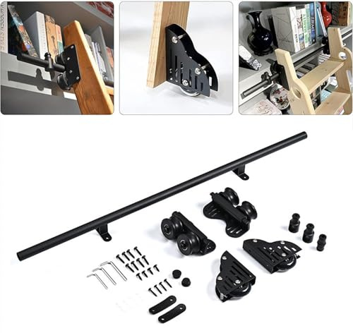 Yiustldd Libreria di Ferramenta per Scale Scorrevoli, Kit Ferramenta per Scale Scorrevoli con Rullo A Pavimento, Binario per Scala Mobile in Tubo Tondo in Acciaio Nero da 200 Cm