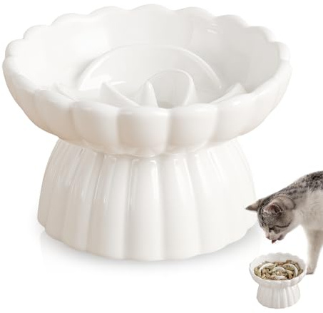 WIYETY Upphöjd keramisk skål för katt och liten hund, anti-glutton kattskål för katter små hundar, anti-glutton hundskål, vit (14 x 8,5 cm)