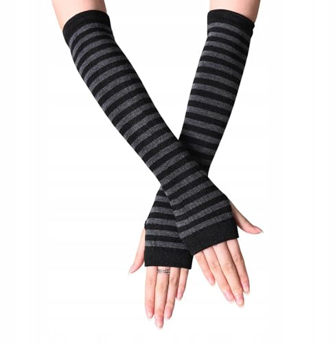 Little Angel Lange Armstulpen Damen Schwarz – Elegante Fingerlose Handschuhe für Herbst & Winter – Wärmende Stulpen mit Daumenloch, Gestreift Stricken Armwärmer für Büro, Alltag & Outdoor