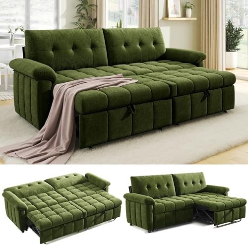 Jocisland 93” 4-in-1 Convertible Sofa Bed, Full Size Cloud Sleeper Sofa, Tufted Chenille, 5-Position Adjustable Backrest, 10-Minute Tool-Free Assembly, Couches for Living Room Guest Room, Green