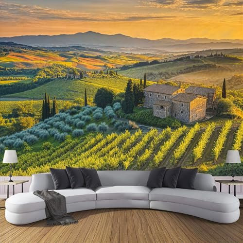 Papier Peint Intissé Mural Photo 100×70cm Motif Rétro Champs Jardin Thé Panoramique Poster Fresque Collines Campagne Murale Maison Bureau Restaurant, Vert Décoration Murale Papier Peint