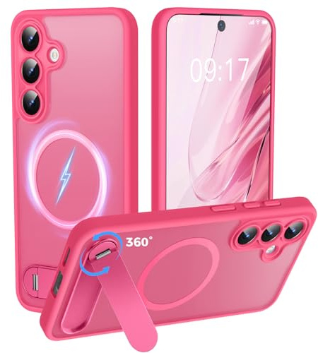 New-One Coque Pour Samsung Galaxy S25 FE avec Support [Intégré 360° Invisible] [Magnétique & MagSafe Compatible] [Militaire Antichoc] Silicone Bumper 5G Béquille Case - Mate Protection Étui Fuchsia
