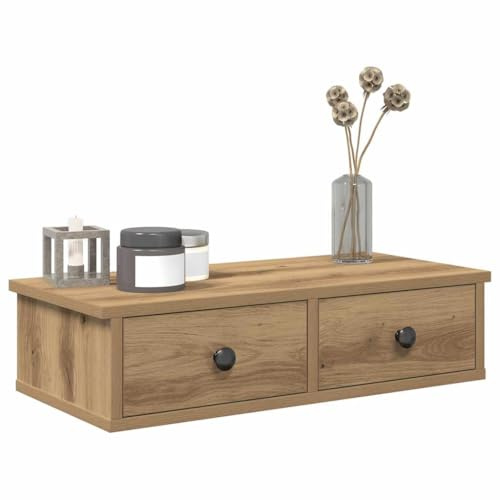 Nqyjm Schweberegal Deko, Wandregal mit Schubladen Artisan-Eiche 60x28x15cm Holzwerkstoff Hängeregal, Wandboard CD DVD Regal, Bücherregal für Flur, Wohnzimmer, Küche, Büro