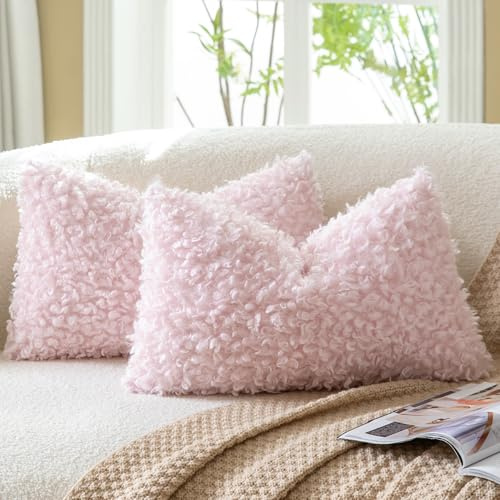 Mandioo 2er Set Kissenbezüge 30x50 cm Rosa Faux Pelz Bouclé Dekorative Sherpa Kissenbezug Dicke Flauschige Fleece Kissenhüllen Dekokissen Sofakissen Couchkissen Sessel Bett Wohnzimmer