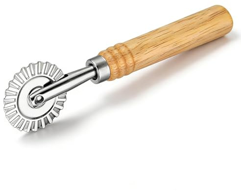 Fluted Pasta Cutter Wheel, Long Wooden Handle Ravioli Cutter, Zinc Alloy Pastry Dough Cutter for Dumpling Lace Biscuit Making Kitchen Home 16cm