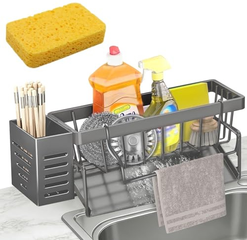 Spülbecken Organizer - Grau Edelstahl Waschbecken Ablage KüChe Schmal SpüLe mit Selbstentleerender Ablaufwanne und Spüllappenhalter für Badezimmer und Küche , Organizer für Schwamm Bürsten Seife