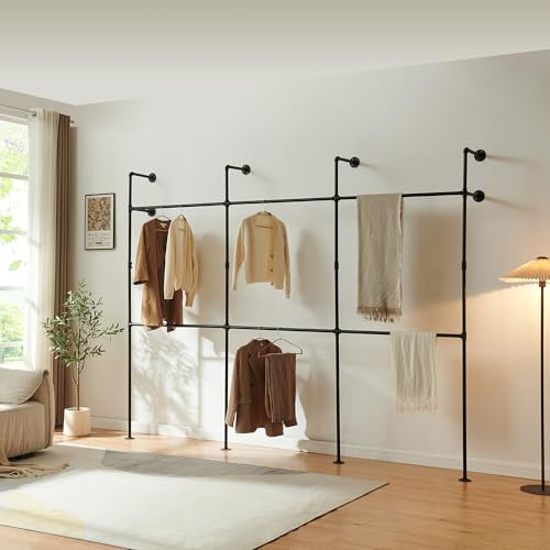 [en.casa] Kleiderstange Wandmontage Kenävatka Garderobenstange 222 x 296 x 31 cm Kleiderständer industrial Garderobenständer offener Kleiderschrank bis 100 kg Stahl Schwarz