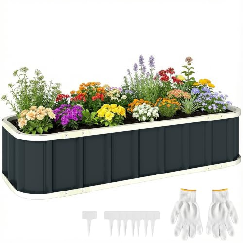 Outsunny Letto per Orto Rialzato da Esterno 136x52x31 cm Grigio Scuro | con Fondo Aperto, Guanti, Bordi Piegati, Fioriera da Esterno in Acciaio Zincato, per Piante Fiori Verdure, Giardino