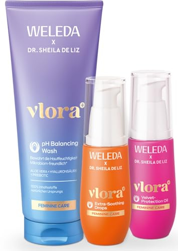 WELEDA Bio Vlora+ Intimpflege Set Damen – Intim Waschgel pH neutral, Extra-Soothing Drops & Protection Oil – gegen Geruch, Juckreiz & Trockenheit – Aloe Vera, Hyaluron, Jojobaöl (vegan)